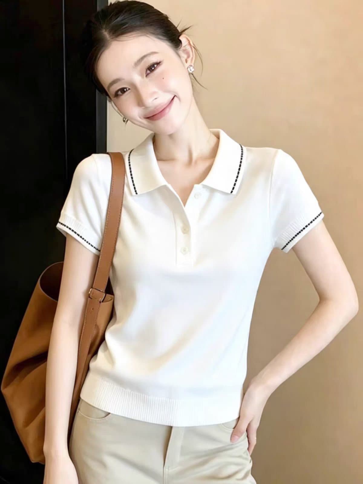 배색 POLO 칼라 반팔 니트 스웨터 여성 2026 여름 빅 사이즈 지방 mm 다용도 루즈핏 슬림해 보이는 출퇴근 바람 맨위 상세 이미지 1