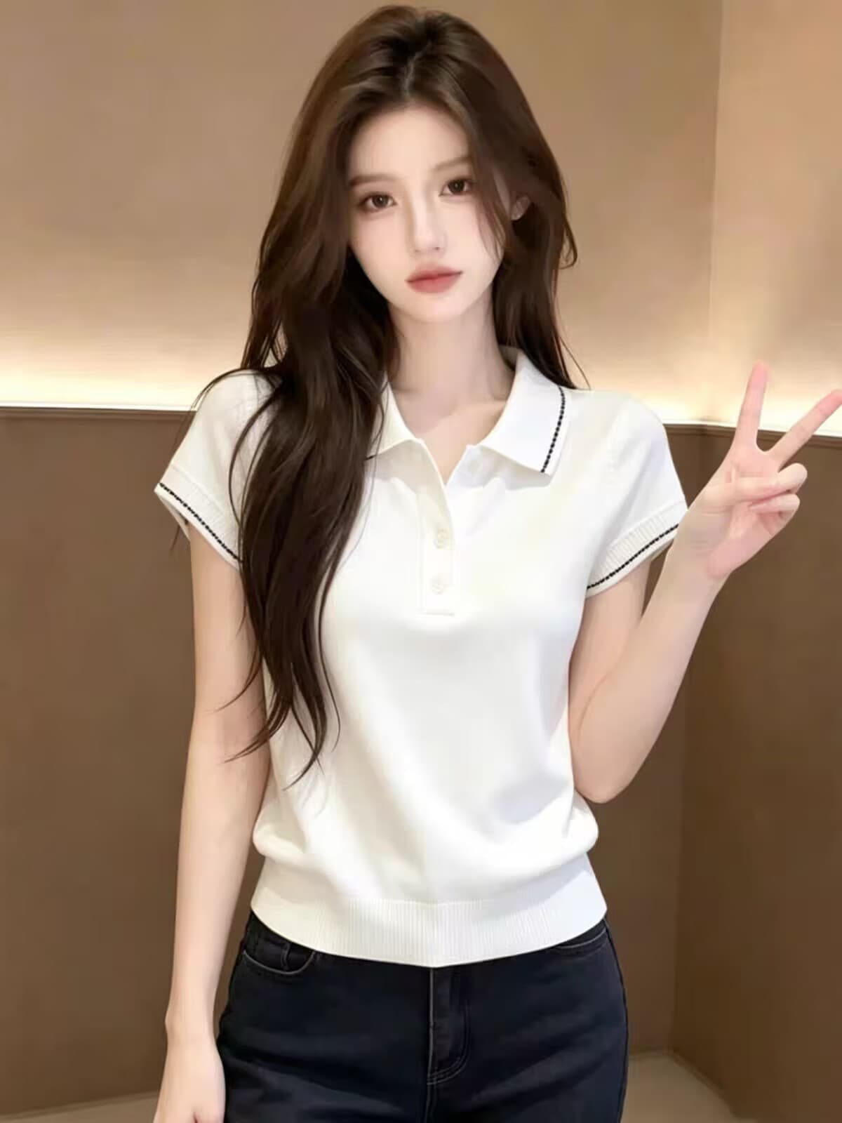 배색 POLO 칼라 반팔 니트 스웨터 여성 2026 여름 빅 사이즈 지방 mm 다용도 루즈핏 슬림해 보이는 출퇴근 바람 맨위 상세 이미지 4