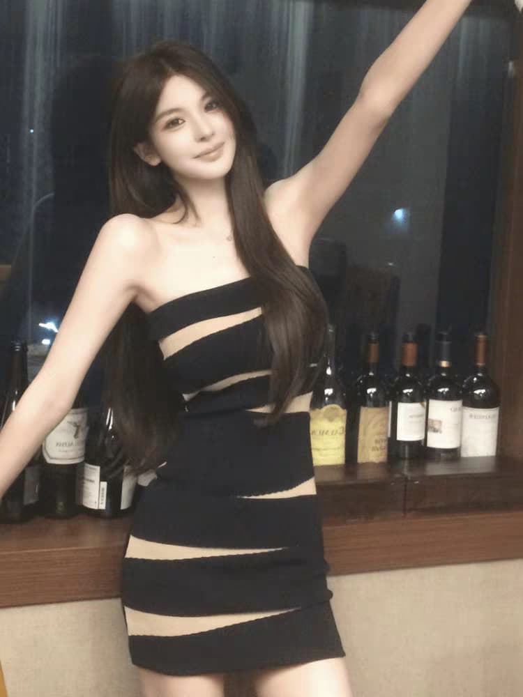 스트라이프 배색 니트 튜브탑 여성 드레스 여름 순수한 욕망 바람 품격 몸매 가꾸기 슬림해 보이는 타이트 타이트 스커트 짧은 치마 상세 이미지 1