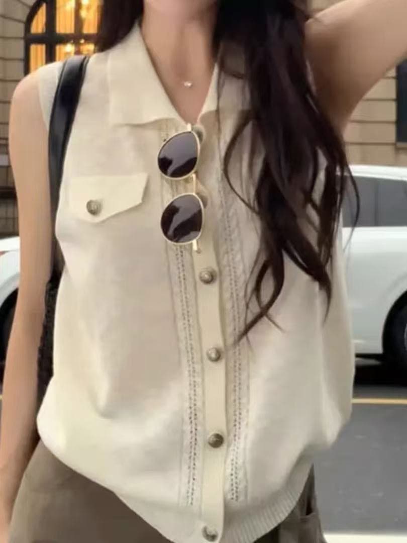 오래된 돈 바람 POLO 칼라 니트 조끼 여자 여름 민소매 단추 품격 고급 센스 빛 요리 한 바람 슬림해 보이는 다용도 맨위 상세 이미지 4