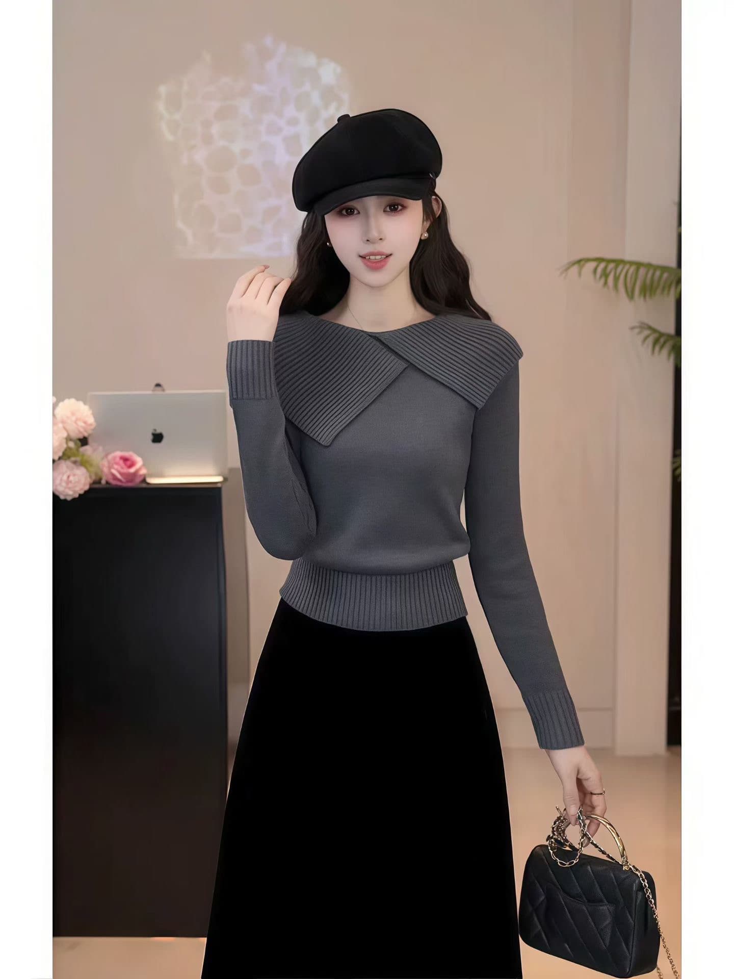 불규칙 폴로 칼라 회색 니트 스웨터 여성 2026 가을 새로운 프랑스식 품격 스웨터 몸매 가꾸기 슬림해 보이는 맨위 여성