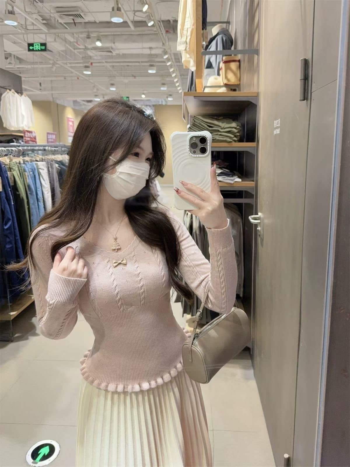 miu 부서 나비 매듭 V넥 레이스 니트 기본 셔츠 여성 가을 겨울 2026 인사이드 가져 가라. 프릴 스웨터 이른 봄 맨위 상세 이미지 3