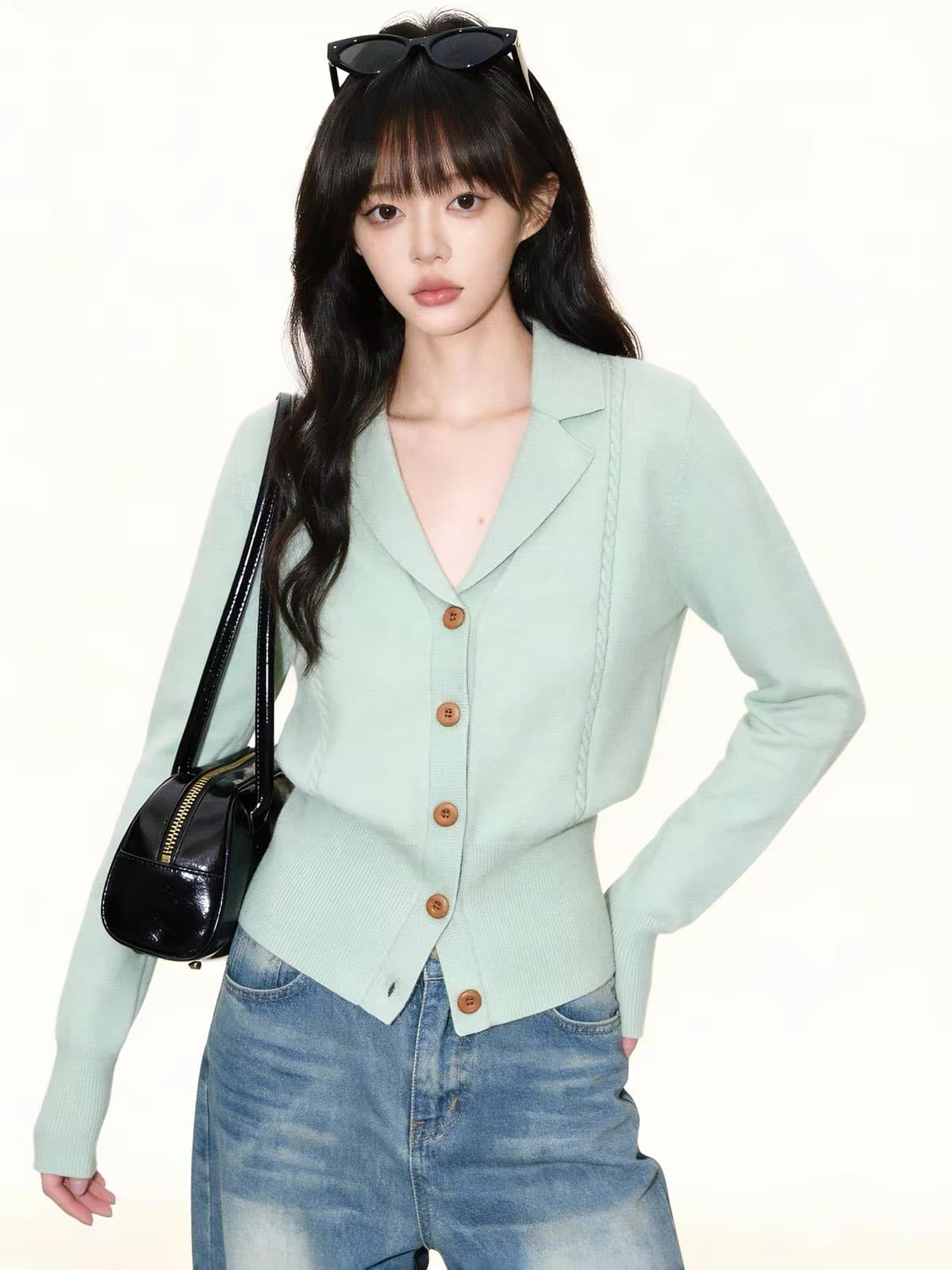녹색 정장 칼라 니트 오픈 가디건 여성 2026 봄 가을 새로운 고급 센스 몸매 가꾸기 허리 수축 인사이드 가져 가라. 만나는 맨위 이미지 4