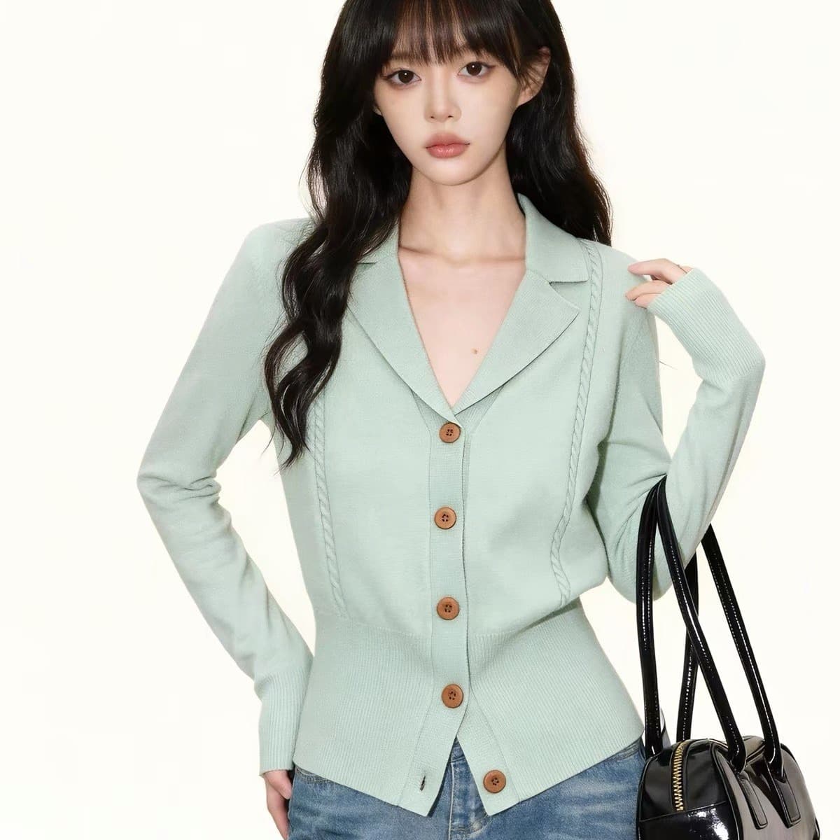 녹색 정장 칼라 니트 오픈 가디건 여성 2026 봄 가을 새로운 고급 센스 몸매 가꾸기 허리 수축 인사이드 가져 가라. 만나는 맨위