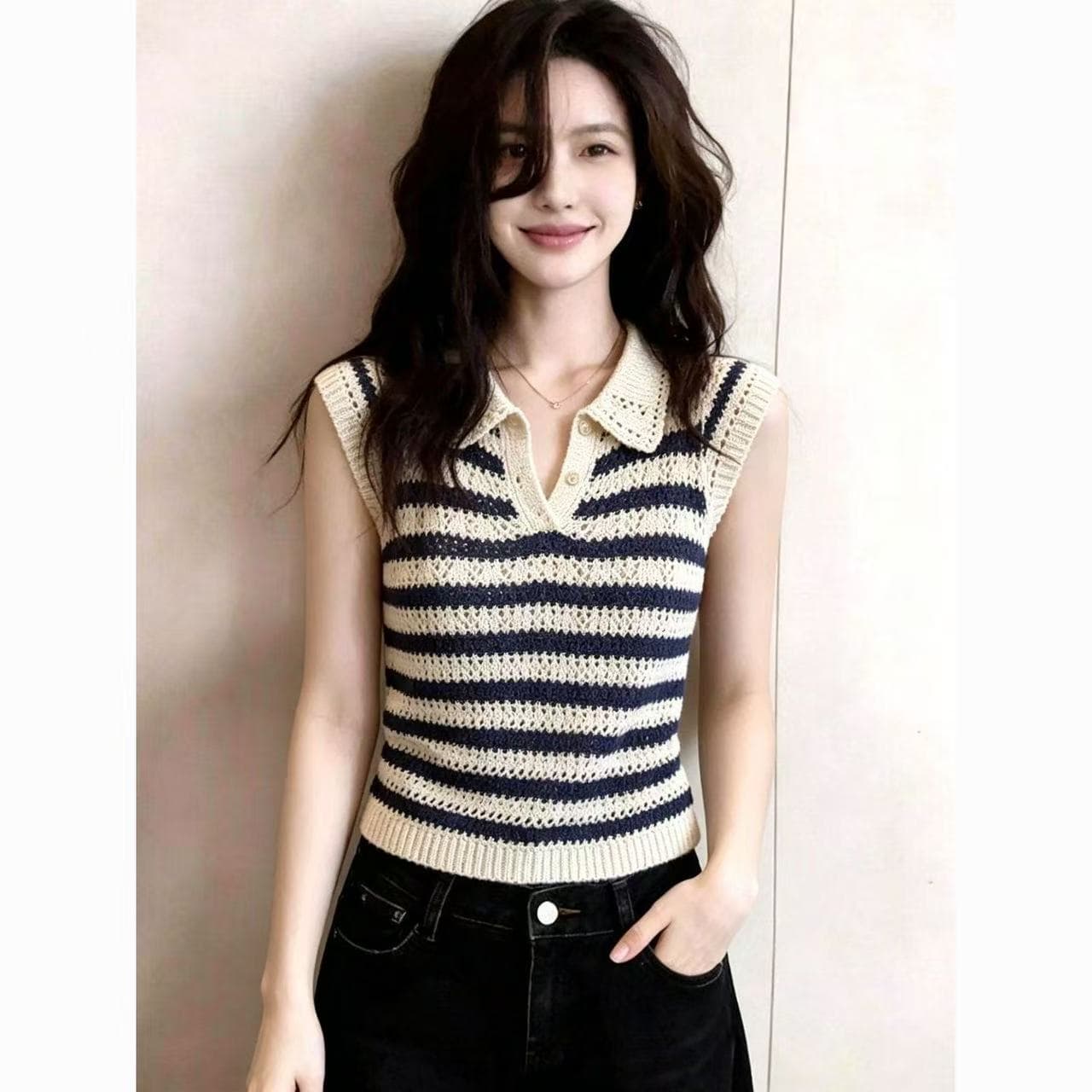 한 부서 POLO 칼라 Feifei 소매 6 양모 니트 스웨터 여성 여름 한국 스타일 홀로우 아웃 몸매 가꾸기 슬림해 보이는 다용도 연령 감소 맨위 상세 이미지 2