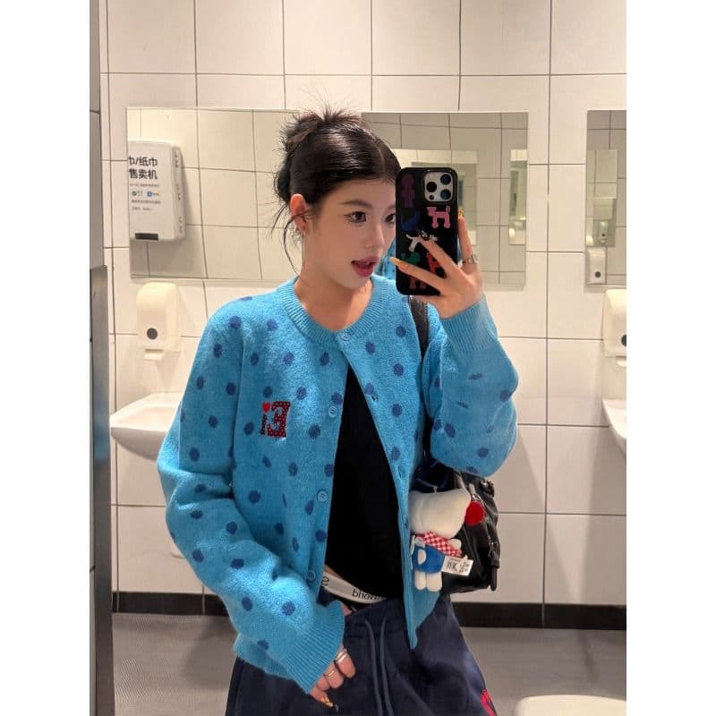 아메리칸 레트로 도트 무늬 라운드 넥 오픈 가디건 스웨터 여성 코트 가을 쇼트 스타일 작은 키 부드러운 찹쌀 느긋한 바람 니트 스웨터 이미지 4