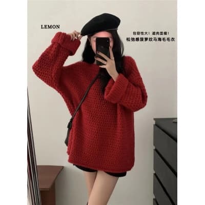 가을 겨울 의류 빅 사이즈 여성 의류 한 부서 레트로 두꺼운 바늘 스웨터 루즈핏 느긋한 고급 센스 부드러운 찹쌀 부드러운 풀오버 맨위 상세 이미지 2