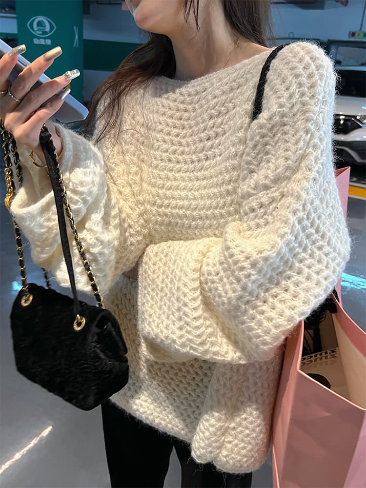 가을 겨울 의류 빅 사이즈 여성 의류 한 부서 레트로 두꺼운 바늘 스웨터 루즈핏 느긋한 고급 센스 부드러운 찹쌀 부드러운 풀오버 맨위 상세 이미지 3