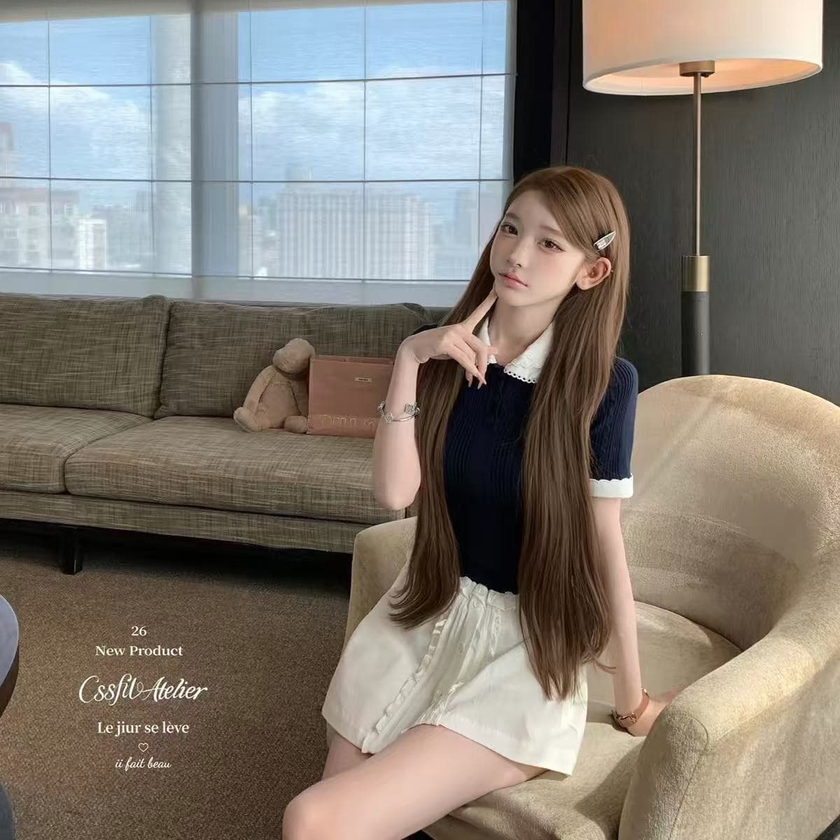 늦게 우산 우산 26 ss 복숭아 나이 미시 miu 부서 얼음 마 이중층 칼라 니트 스웨터 상세 이미지 5