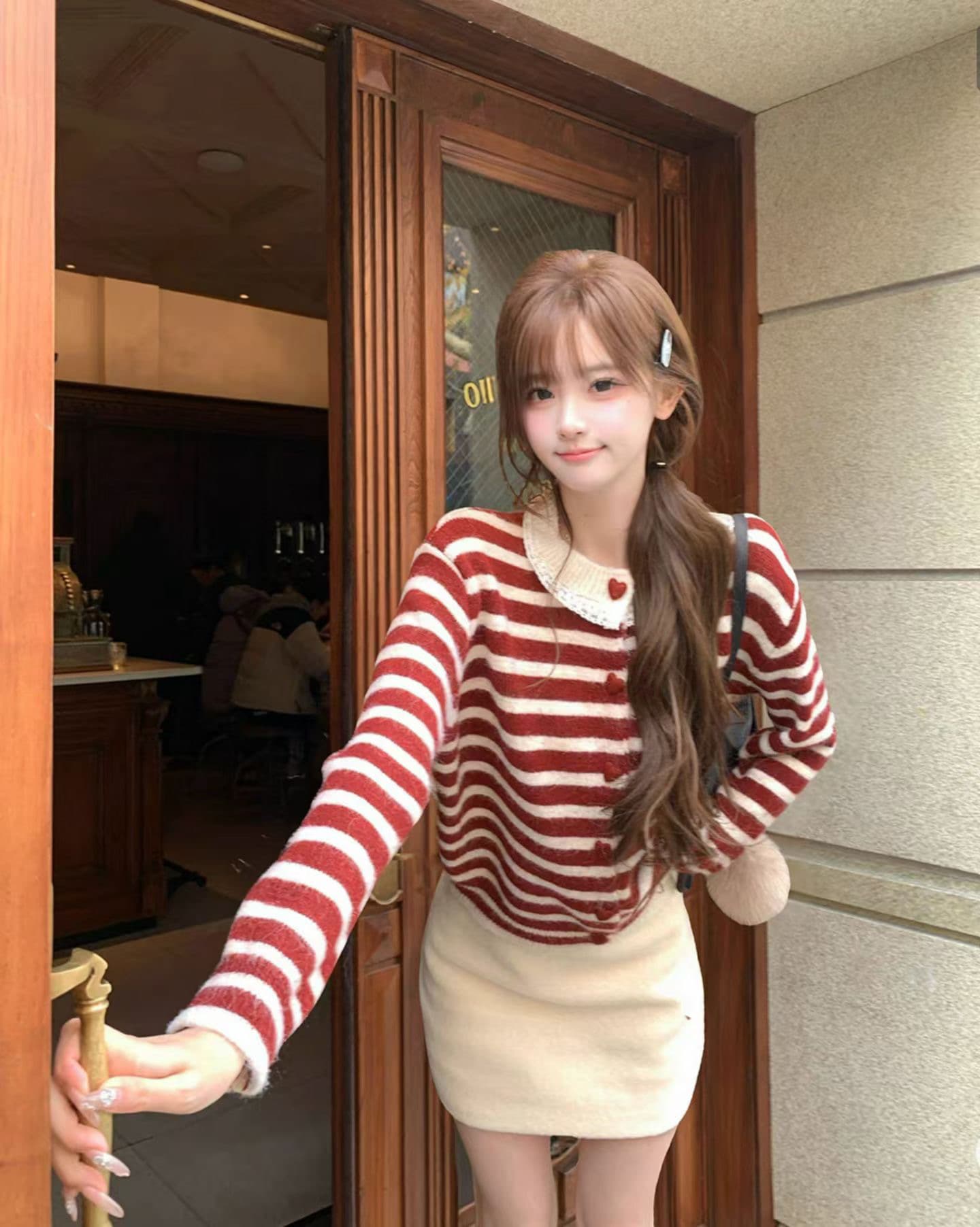 프랑스식 레이스 레이스 칼라 스트라이프 니트 오픈 가디건 레트로 배색 부드러운 찹쌀 쇼트 스타일 다용도 스웨터 코트 여자 상세 이미지 4