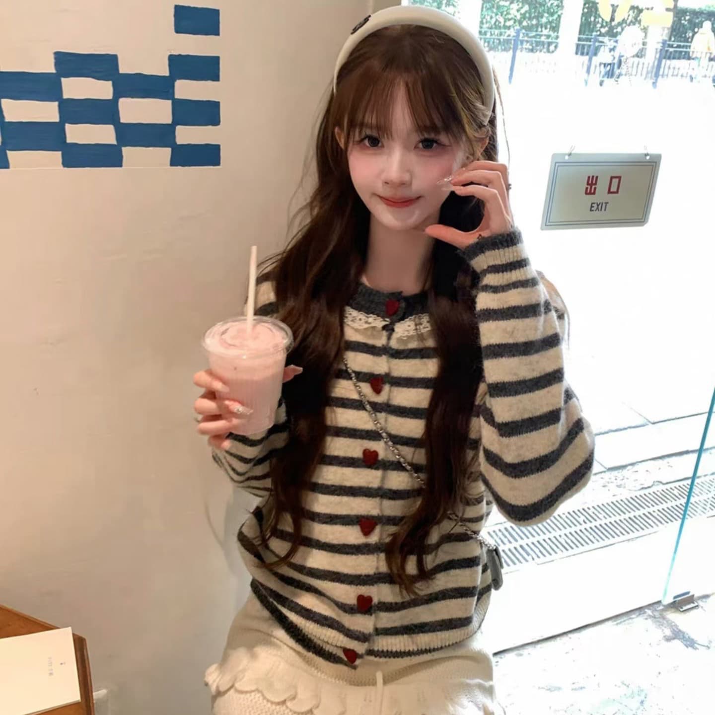 프랑스식 레이스 레이스 칼라 스트라이프 니트 오픈 가디건 레트로 배색 부드러운 찹쌀 쇼트 스타일 다용도 스웨터 코트 여자 상세 이미지 5
