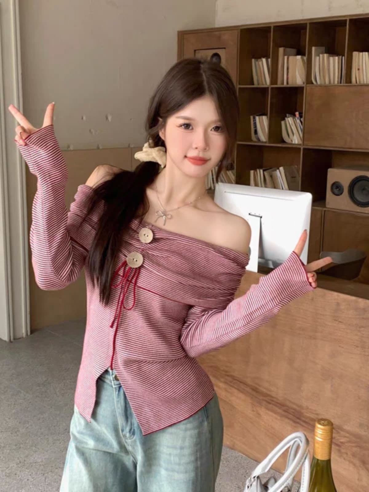 순수한 욕망 바람 섹시함 오프숄더 스트라이프 트임 만나는 작은 셔츠 여성 가을 겨울 인사이드 가져 가라. 디자인 센스 핫걸 쇼트 스타일 맨위 상세 이미지 4