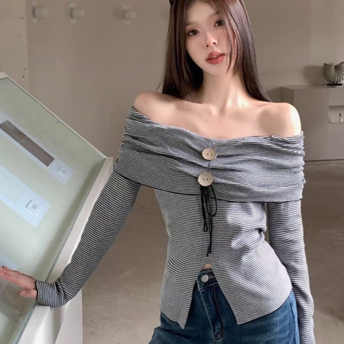 순수한 욕망 바람 섹시함 오프숄더 스트라이프 트임 만나는 작은 셔츠 여성 가을 겨울 인사이드 가져 가라. 디자인 센스 핫걸 쇼트 스타일 맨위 상세 이미지 5