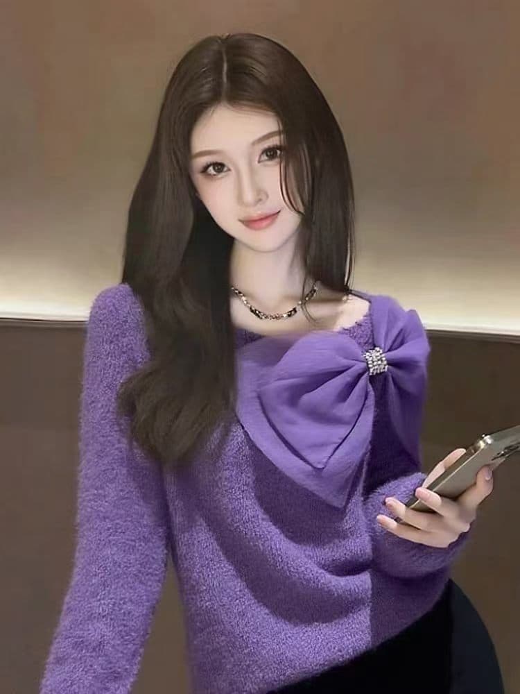 느긋한 바람 보라색 나비 매듭 니트 스웨터 여성 가을 겨울 부드러운 찹쌀 루즈핏 슬림해 보이는 고급 센스 스웨터 보트넥 맨위 이미지 4