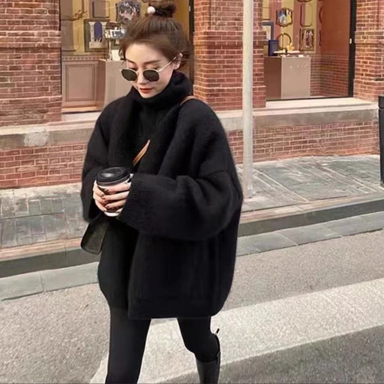 가을 겨울 느긋한 바람 루즈핏 커피 색상 니트 스웨터 오픈 가디건 여성 부드러운 찹쌀 두꺼운 한국 스타일 품격 고급 맨위 재킷 이미지 4