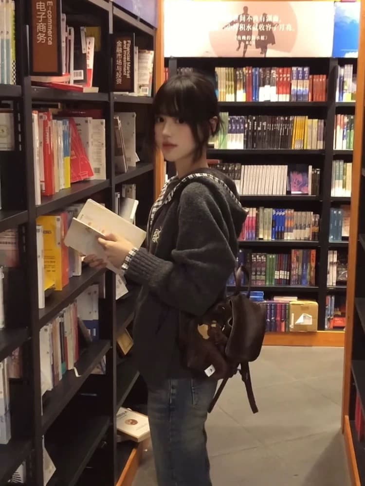 아메리칸 레트로 체크무늬 패치워크 후드 스웨터 여성 코트 가을 겨울 2026 새로운 루즈핏 느긋한 바람 니트 오픈 가디건 상세 이미지 5