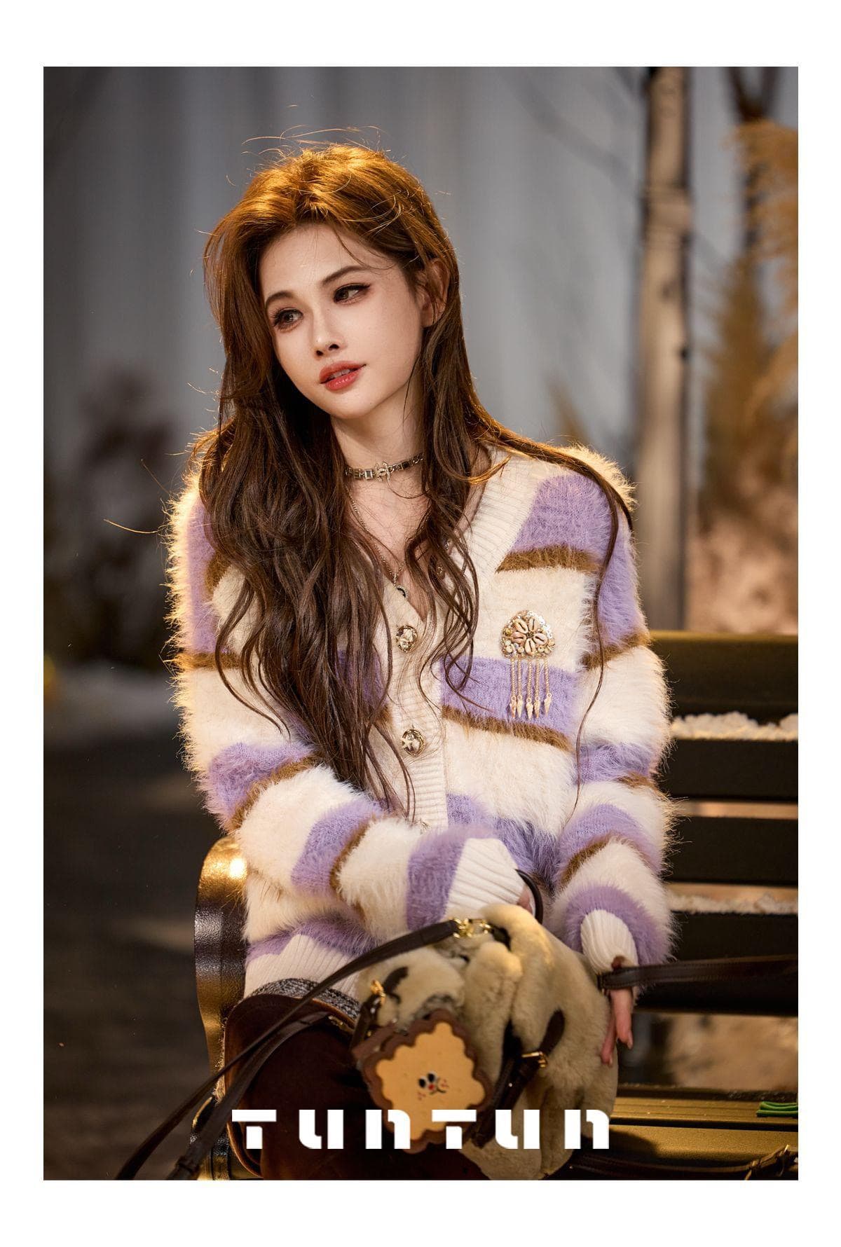 가을 겨울 芋 진흙 느슨한 우유 씽 하는 소리 모방 fall 털 스트라이프 구슬 버클 V넥 스웨터 오픈 가디건 상세 이미지 4