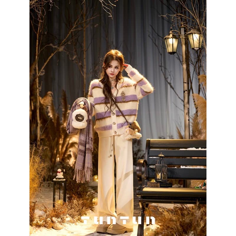 가을 겨울 芋 진흙 느슨한 우유 씽 하는 소리 모방 fall 털 스트라이프 구슬 버클 V넥 스웨터 오픈 가디건 상세 이미지 5
