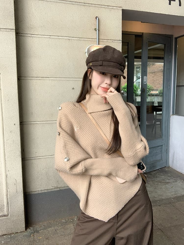 우 77 회색 불규칙 터틀넥 망토 니트 스웨터 여자 한 부서 작은 대중 디자인 센스 품격 루즈핏 맨위 가을 이미지 3