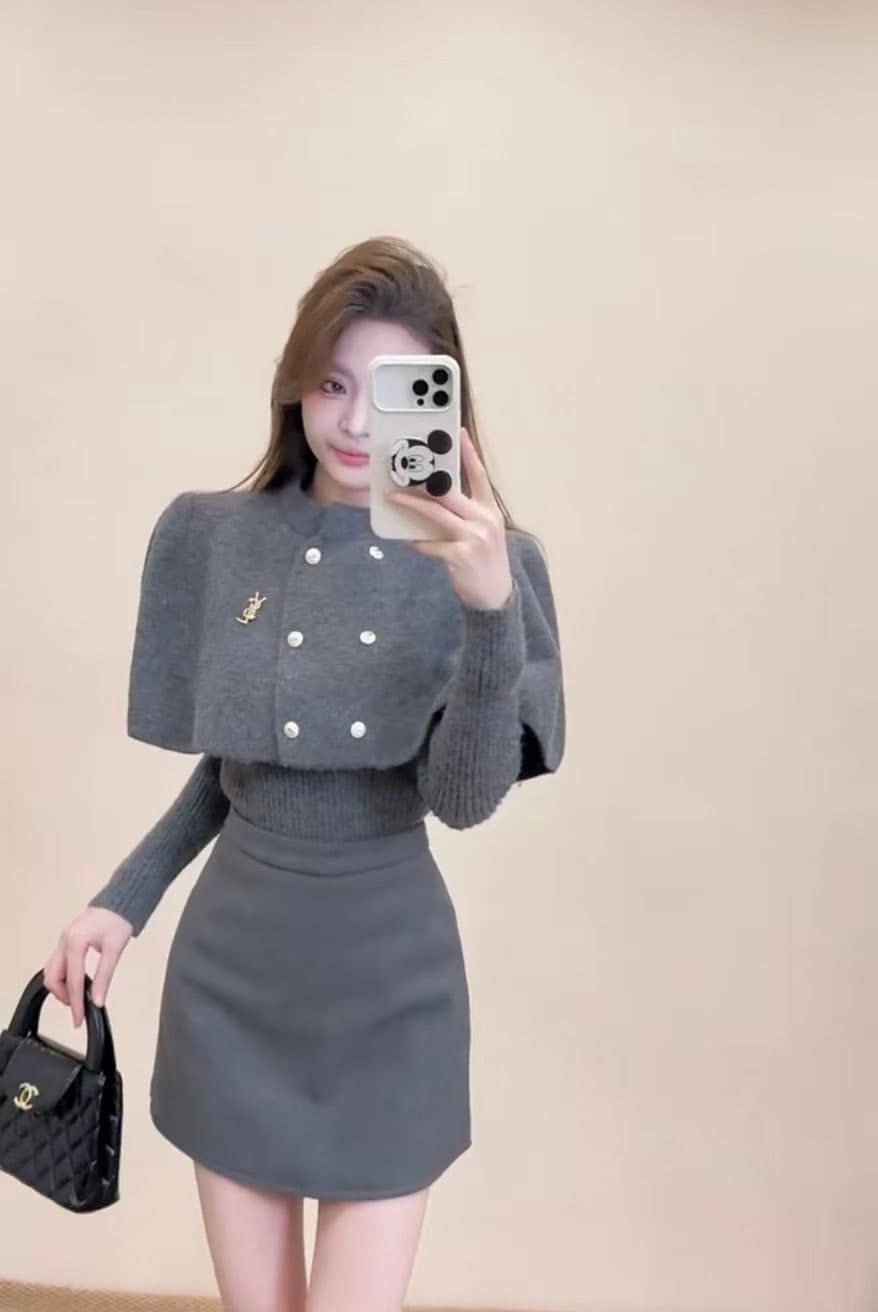 가을 겨울 새로운 작은 샤넬 스타일 싱글 줄 버튼 스탠드 칼라 망토 니트 숄 맨위 상세 이미지 6