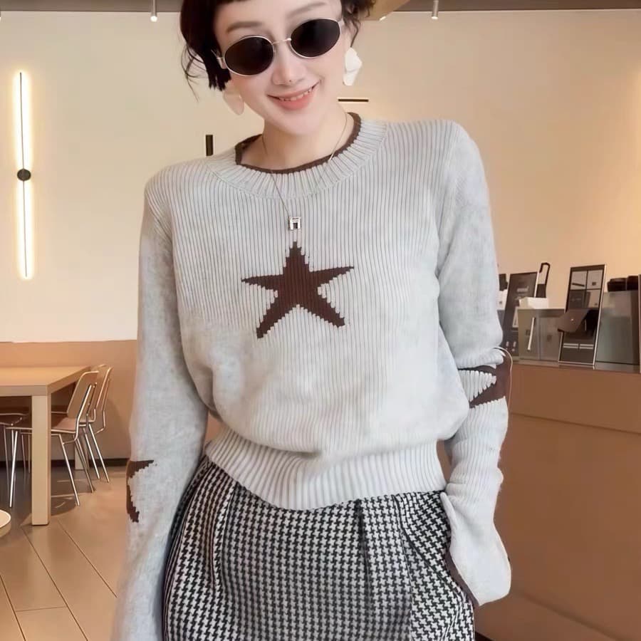 xiaobai 오각형 별 얇은 스타일 나팔 소매 캐주얼 바람 니트 스웨터 이미지 5