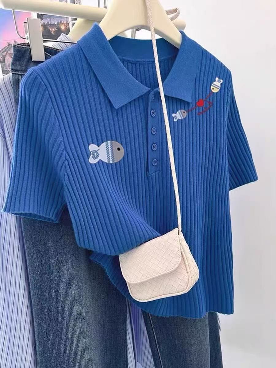 도파민 톰 글 래 원인 블루 POLO 칼라 긍정적 인 어깨 반팔 티셔츠 여성 여름 한 부서 연령 감소 다용도 캐주얼 맨위 상세 이미지 1