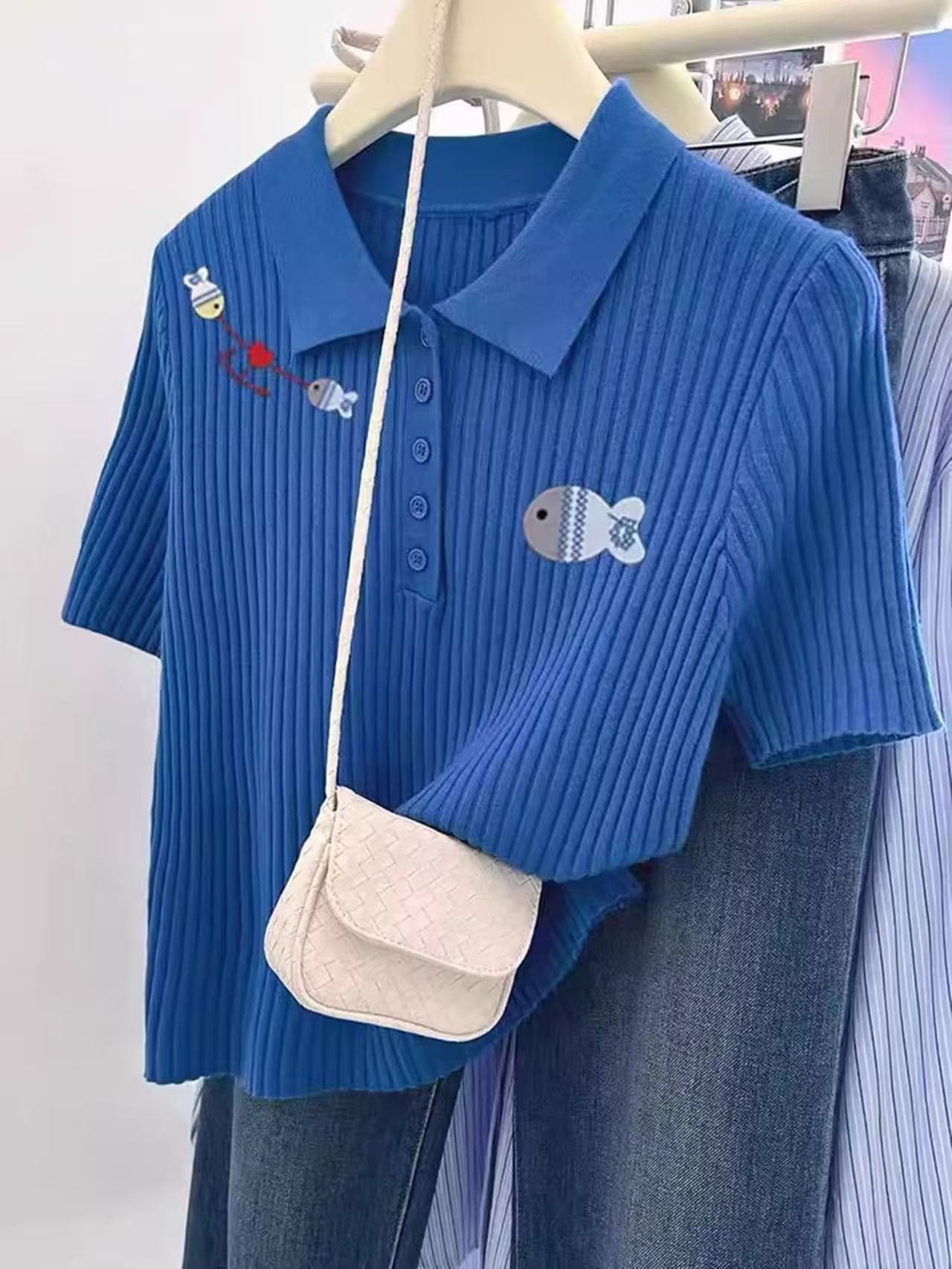 도파민 톰 글 래 원인 블루 POLO 칼라 긍정적 인 어깨 반팔 티셔츠 여성 여름 한 부서 연령 감소 다용도 캐주얼 맨위 상세 이미지 2