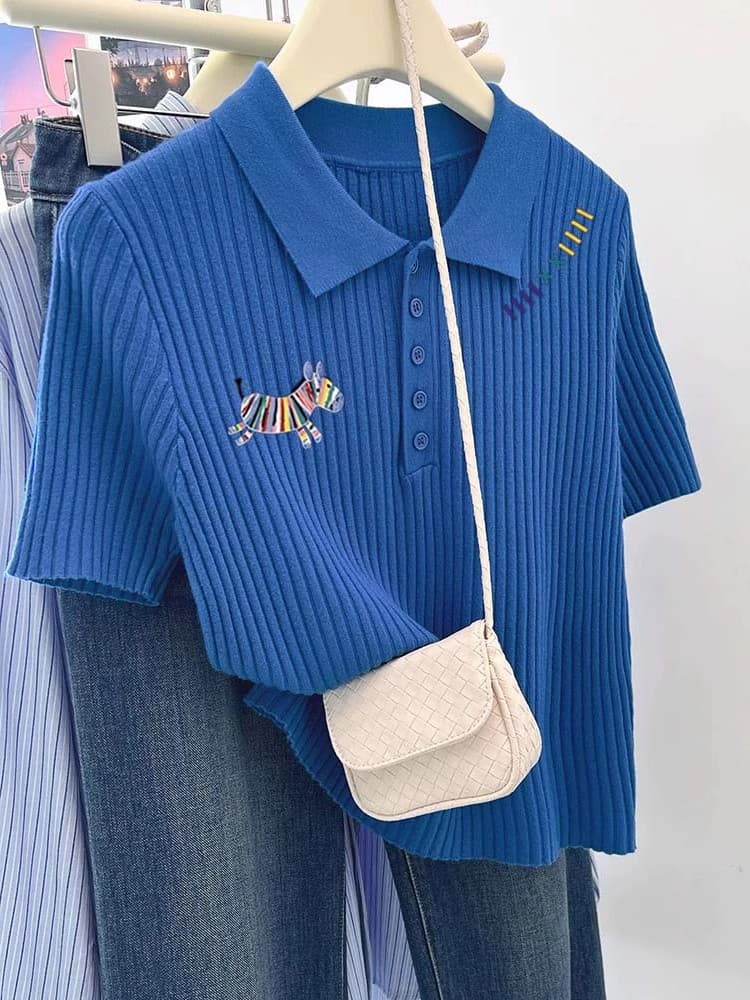 파란색 무지개 작은 말 긍정적 인 어깨 짧은 소매 위버 여름 새로운 한 부서 연령 감소 POLO 칼라 캐주얼 니트 맨위 상세 이미지 5