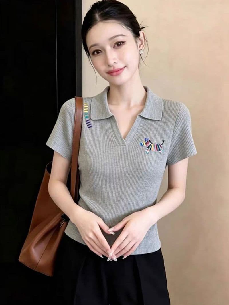 한 부서 미니멀리즘 바람 다용도 슬림해 보이는 니트 스웨터 반팔 POLO 칼라 고급 센스 품격 다용도 맨위 여성 이미지 3