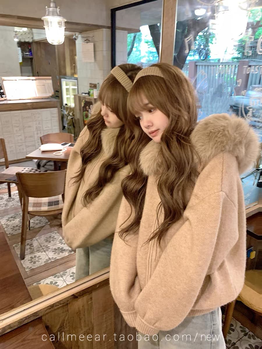 callmeear 큰 모피 칼라 스웨터 오픈 가디건 여성 코트 가을 겨울 루즈핏 슬림해 보이는 부드러운 찹쌀 니트 스웨터