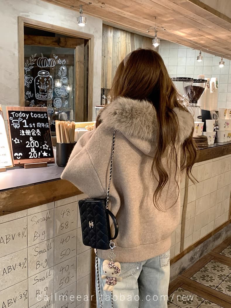 callmeear 큰 모피 칼라 스웨터 오픈 가디건 여성 코트 가을 겨울 루즈핏 슬림해 보이는 부드러운 찹쌀 니트 스웨터 이미지 3