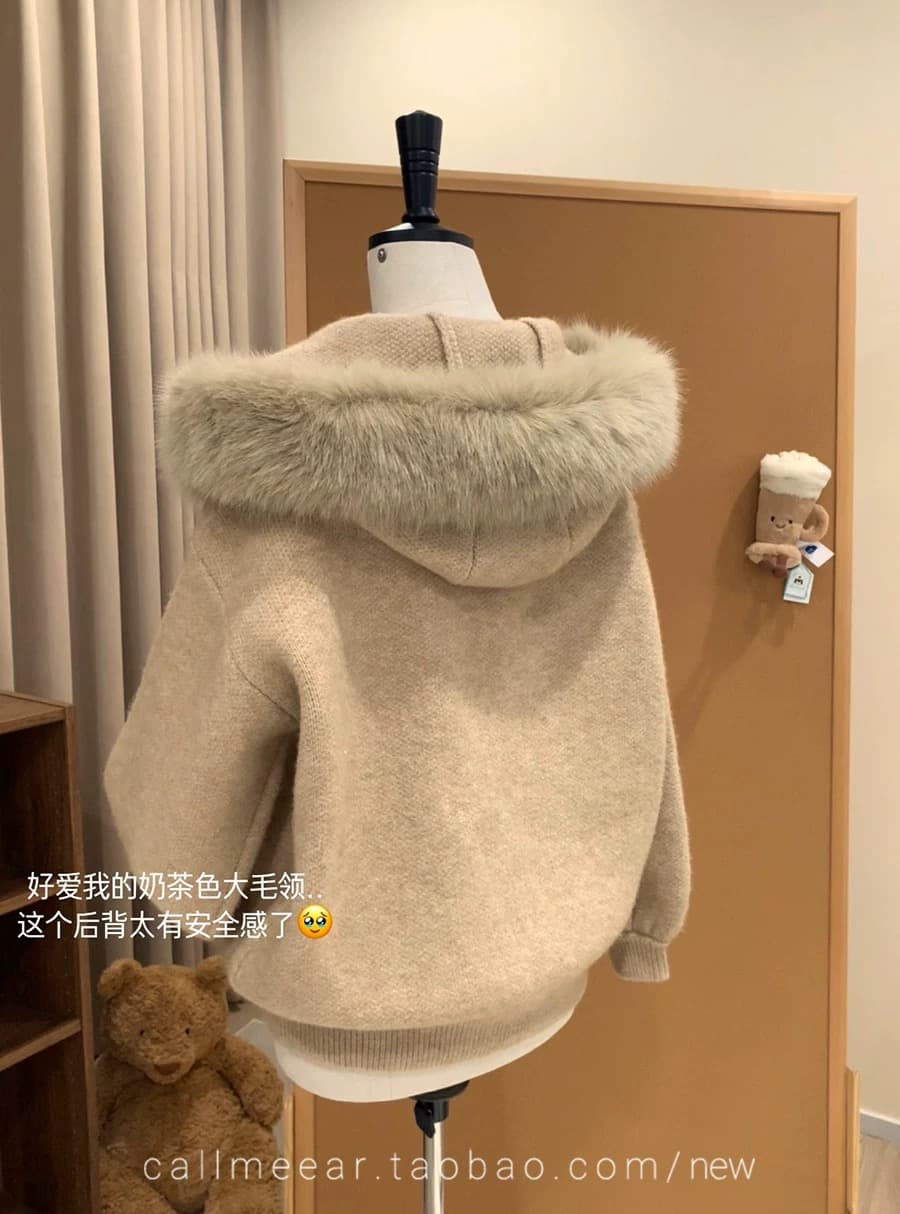 callmeear 큰 모피 칼라 스웨터 오픈 가디건 여성 코트 가을 겨울 루즈핏 슬림해 보이는 부드러운 찹쌀 니트 스웨터 상세 이미지 9