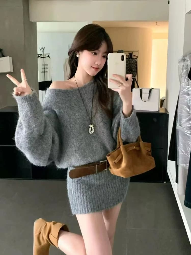 프랑스식 오프숄더 느긋한 바람 세트 가운데에 서십시오. 섹션 스웨터 가을 새로운 슬림해 보이는 수신 힙색 팔 미니 스커트 니트 인사이드 가져 가라. 여성 상세 이미지 2