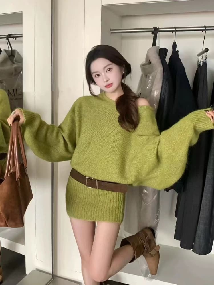 프랑스식 오프숄더 느긋한 바람 세트 가운데에 서십시오. 섹션 스웨터 가을 새로운 슬림해 보이는 수신 힙색 팔 미니 스커트 니트 인사이드 가져 가라. 여성 상세 이미지 4