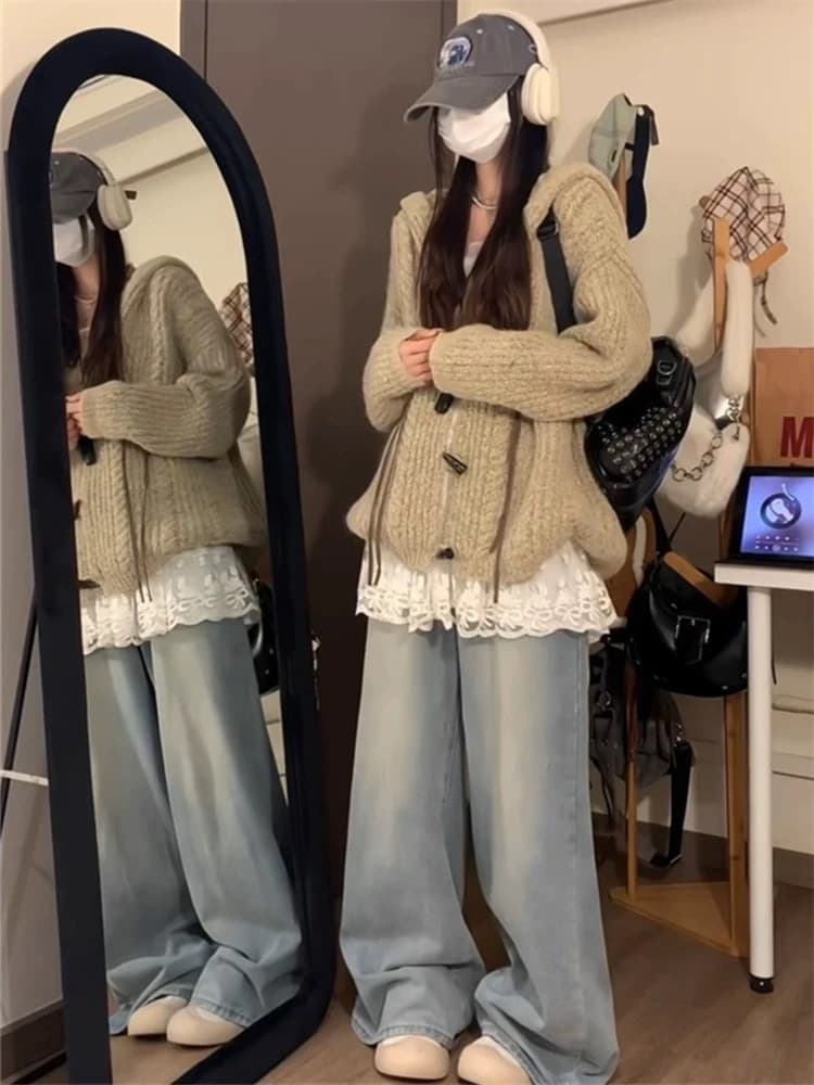 아메리칸 레트로 토끼 귀 소뿔 버클 후드 스웨터 여자 가을 겨울 루즈핏 슬림해 보이는 느긋한 바람 니트 카디건 코트 상세 이미지 4