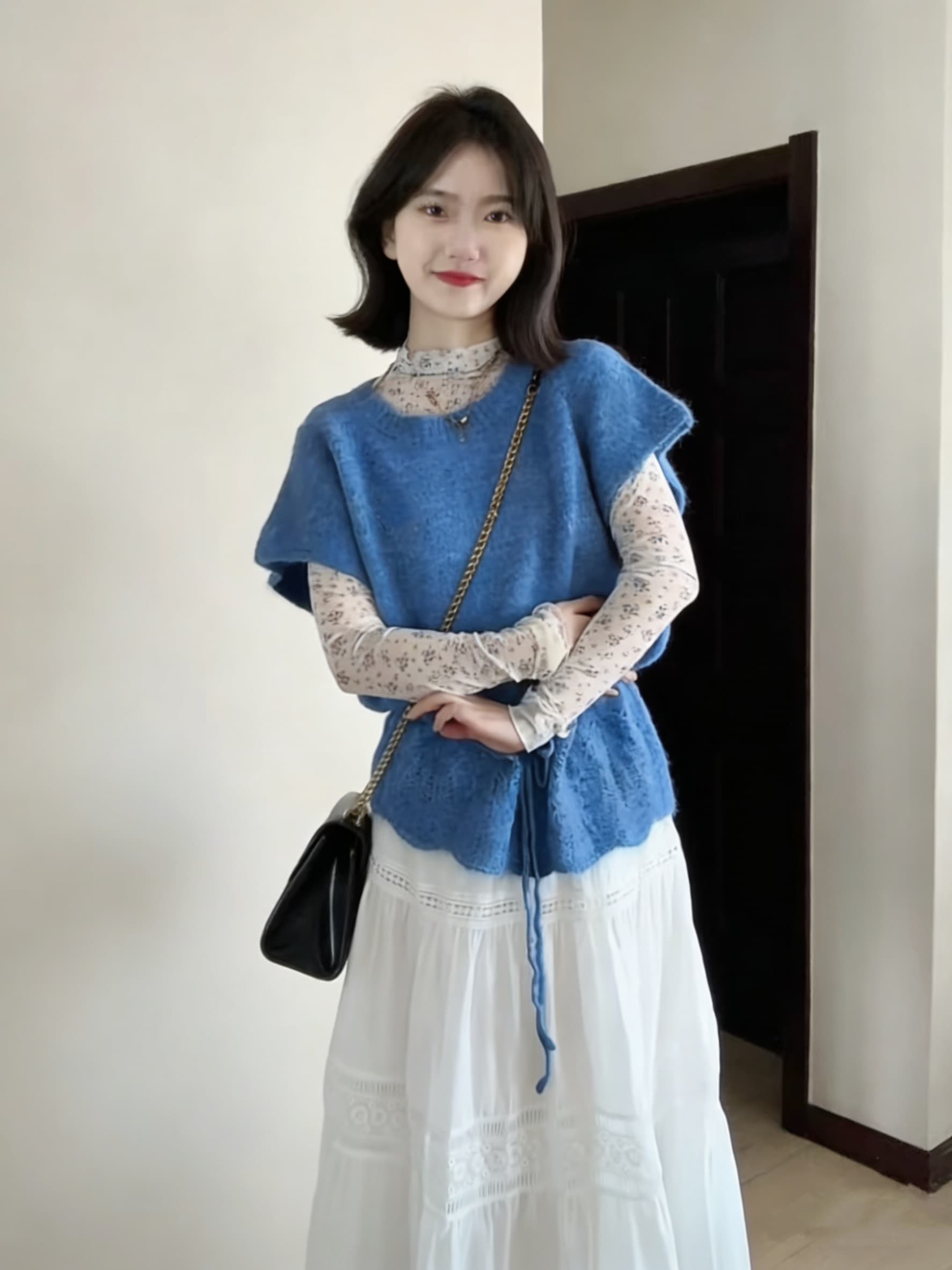 한 부서 착용 가져 가라. 파란색 펌프 로프 니트 베스트 스택 착용 꽃무늬 만나는 여성 봄 패션 세트 상세 이미지 7