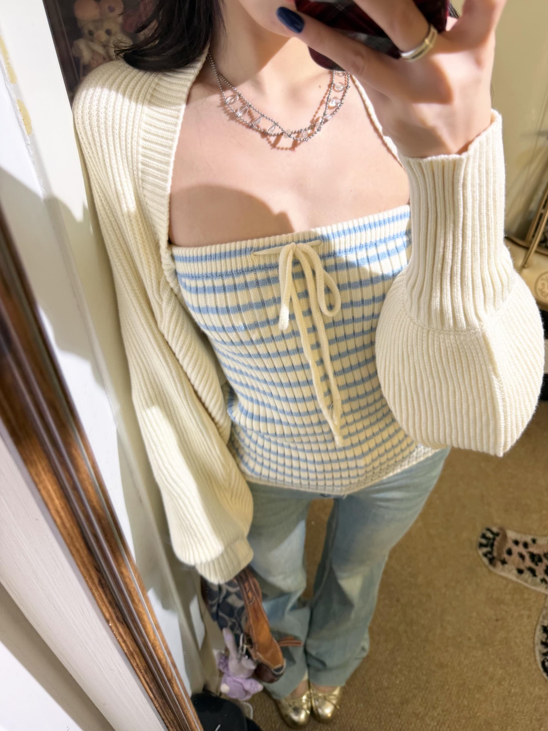 2026 슈퍼 화재 도파민 ootd 착용 가져 가라. 전체 집합 니트 오픈 가디건 스트라이프 튜브탑 조끼 맨위 투피스 슈트 상세 이미지 1