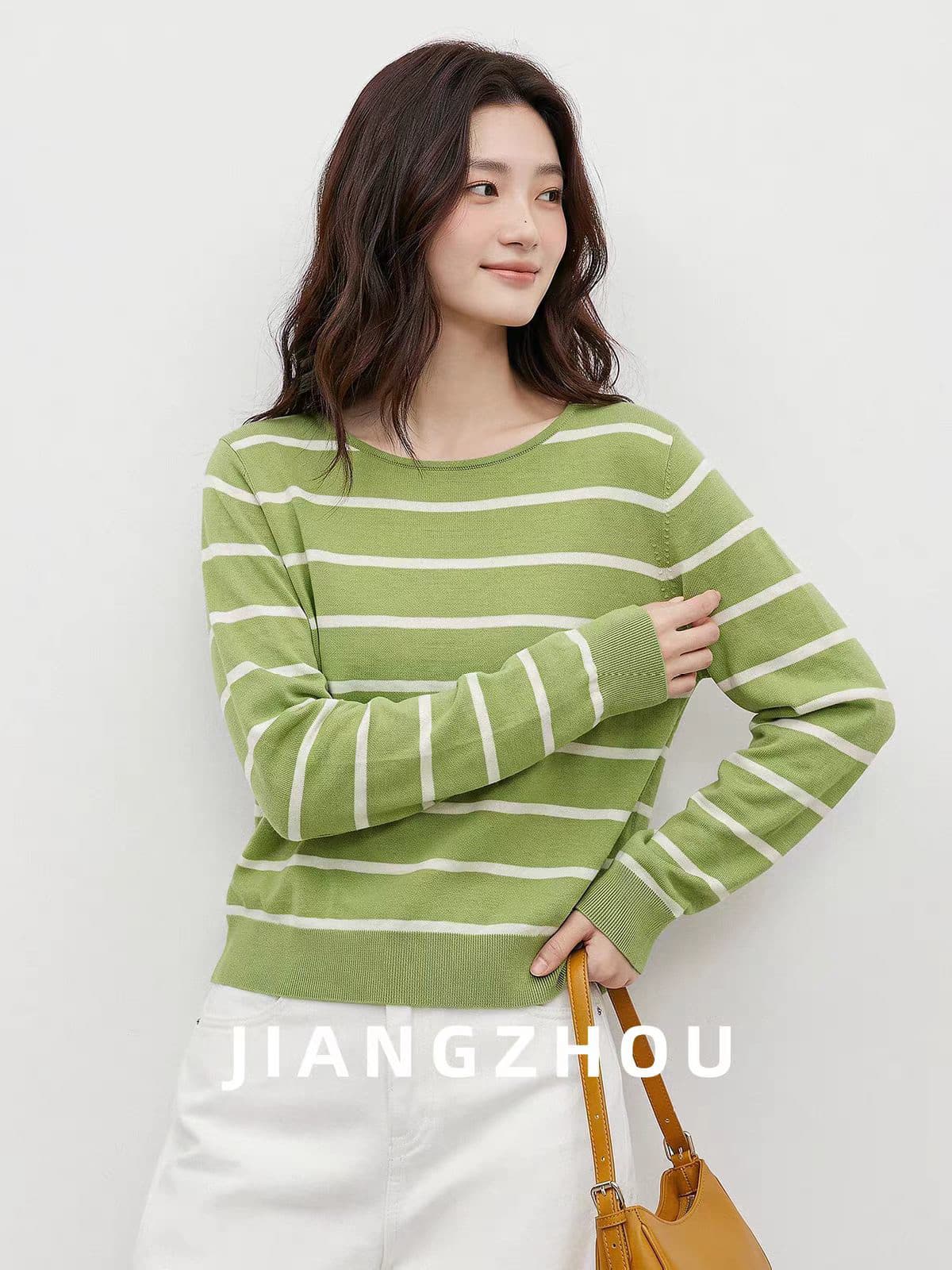 강 대륙 jiangz 가을 새로운 캐주얼 다용도 녹색 스트라이프 긴팔 니트 티셔츠 여성 배색 라운드 넥 맨위 이미지 2