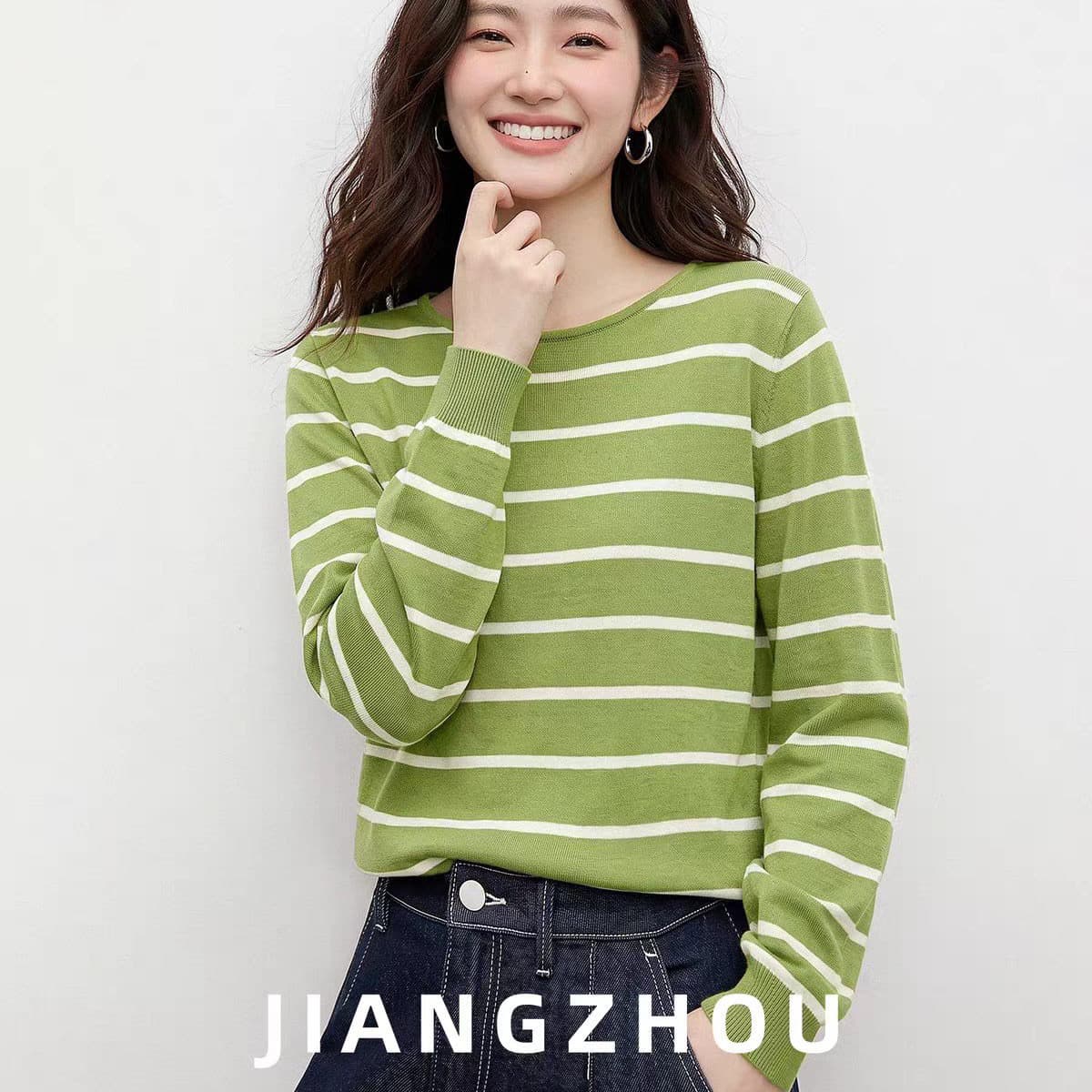 강 대륙 jiangz 가을 새로운 캐주얼 다용도 녹색 스트라이프 긴팔 니트 티셔츠 여성 배색 라운드 넥 맨위 이미지 4