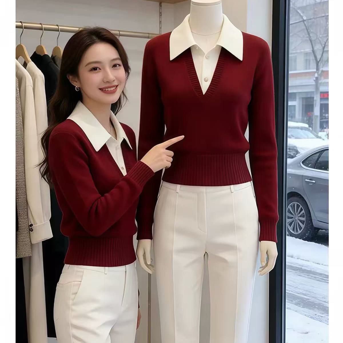 한 부서 부드러운 바람 폴로 칼라 페이크 레이어드 니트 스웨터 여성 2026 가을 겨울 몸매 가꾸기 V넥 일상 출퇴근 부드러운 찹쌀 맨위 상세 이미지 5