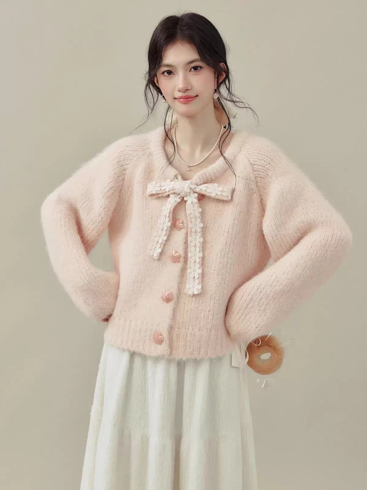 달콤한 자매 바람 레이스 레이스 나비 매듭 스웨터 여성 코트 따뜻한 부드럽다 찹쌀 루즈핏 다용도 연령 감소 니트 오픈 가디건 상세 이미지 2