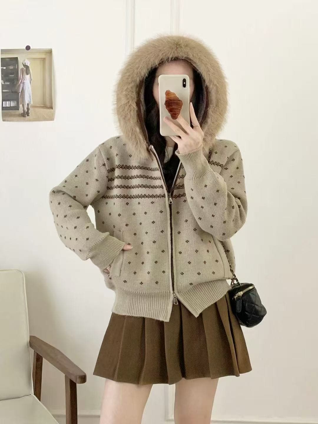 공정한 섬 느긋한 후드 털 모피 칼라 지퍼 오픈 가디건 스웨터 코트 가을 겨울 레트로 품격 캐주얼 맨위 상세 이미지 3