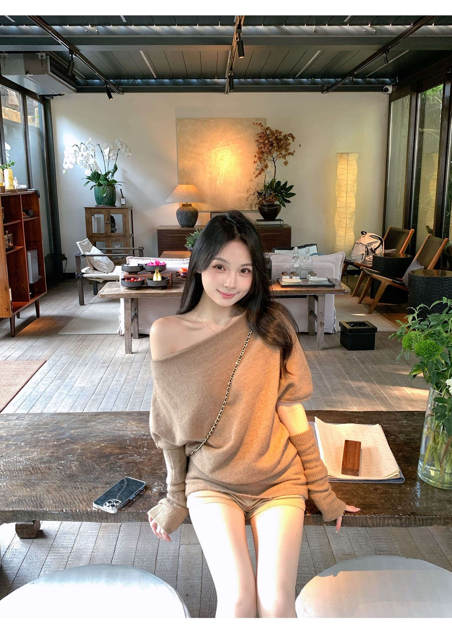 마 하이 양모 혼합 오프숄더 소매 커버 스웨터 여자 가을 겨울 느긋한 고급 센스 비스듬한 어깨 의류 인사이드 가져 가라. 이미지 4