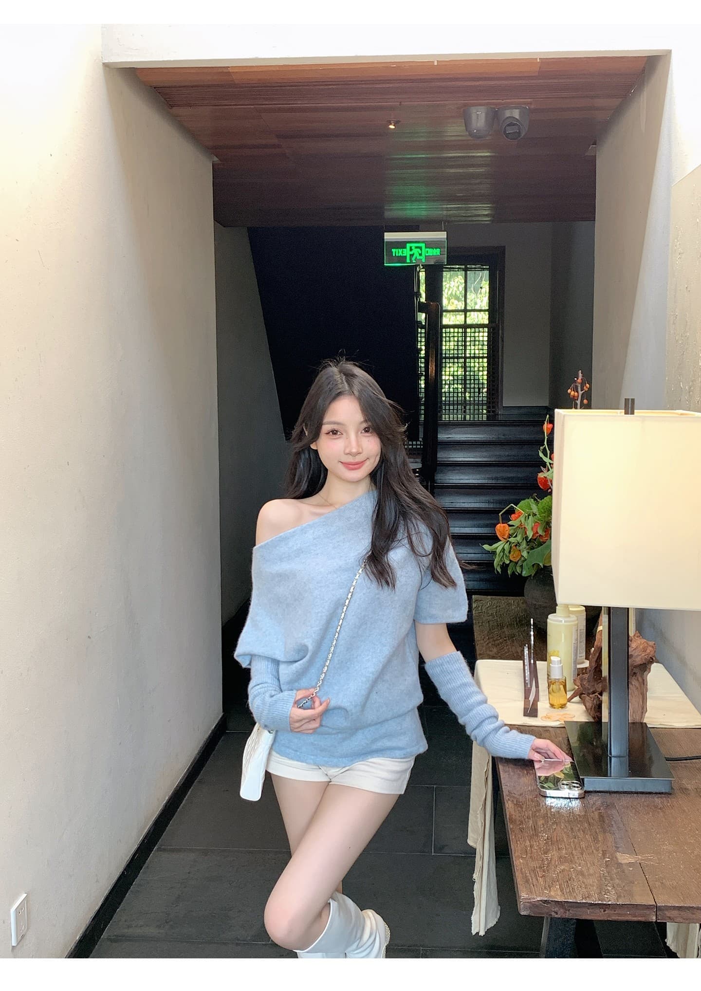 마 하이 양모 혼합 오프숄더 소매 커버 스웨터 여자 가을 겨울 느긋한 고급 센스 비스듬한 어깨 의류 인사이드 가져 가라. 상세 이미지 6