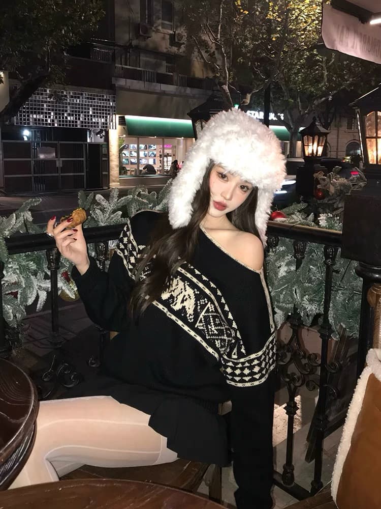 비스듬한 어깨 눈꽃 공정한 섬 오프숄더 레트로 스웨터 오프숄더 고급 가을 겨울 루즈핏 여성 순수한 욕망 핫걸 여성 의류 공정한 이미지 3