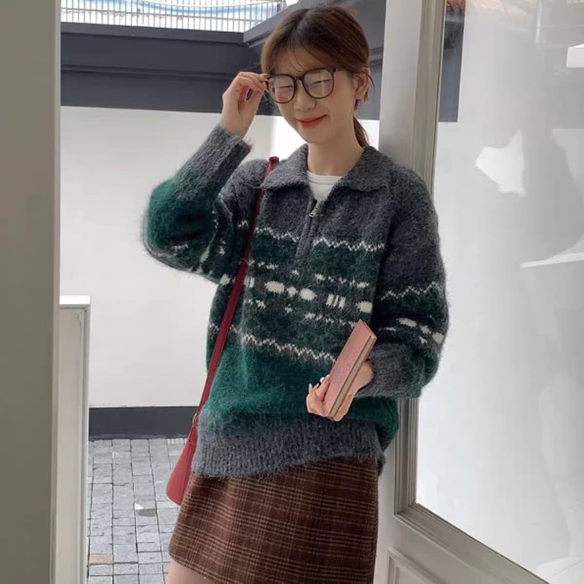 공정한 섬 터틀넥 스웨터 여자 한 부서 느긋한 고급 센스 하프 지퍼 디자인 센스 작은 대중 양모 니트 맨위 이미지 3