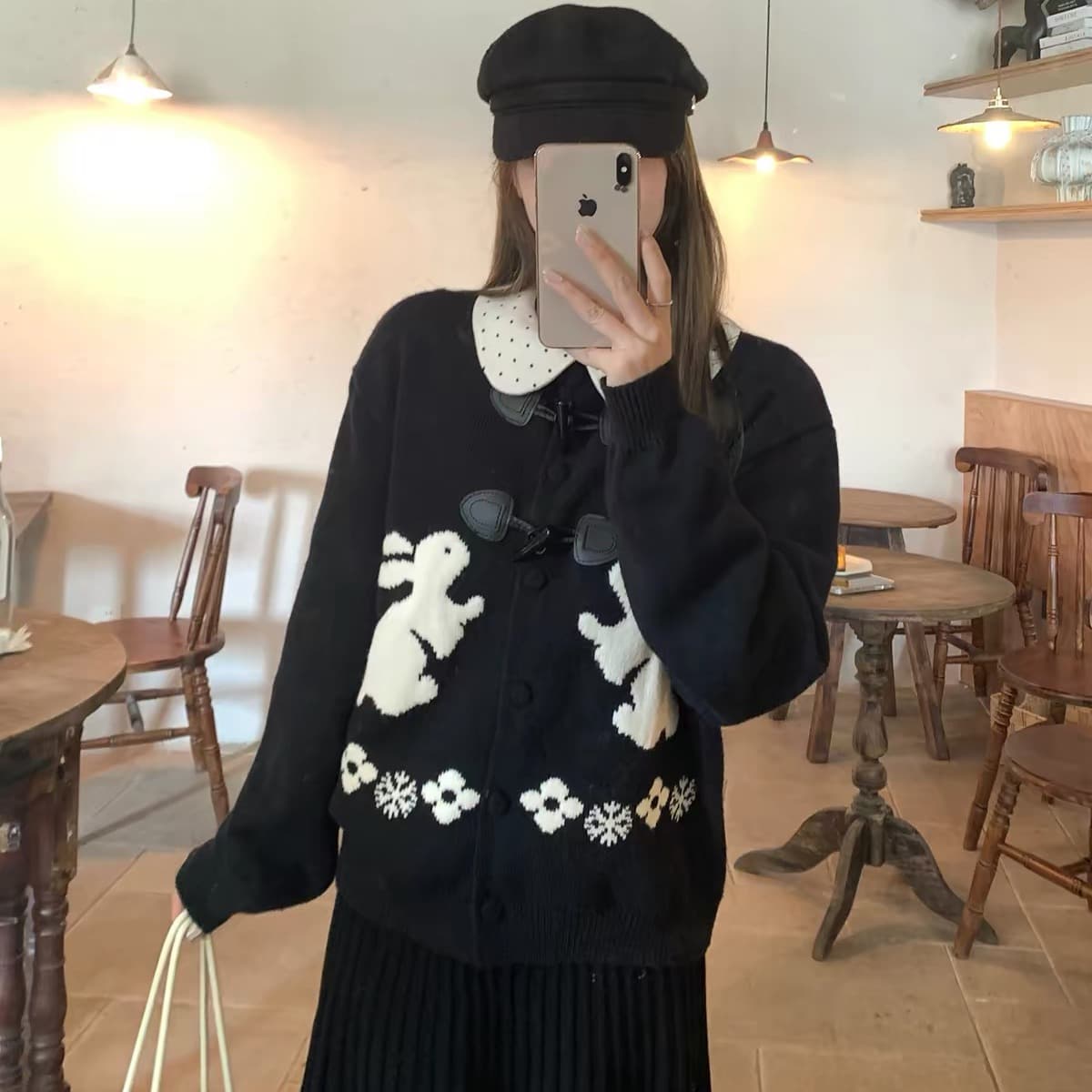아메리칸 레트로 토끼 자카드 니트 오픈 가디건 여성 가을 겨울철 느긋한 바람 디자인 센스 루즈핏 스웨터 코트 맨위 이미지 5