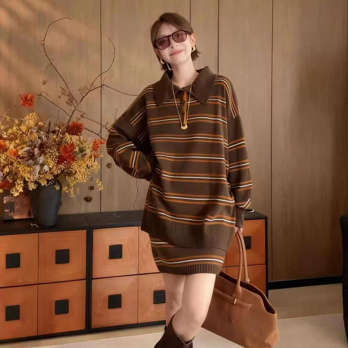 가을 새로운 한 부서 느긋한 바람 POLO 칼라 루즈핏 스트라이프 긴팔 스웨터 니트 반신 스커트 투피스 세트 상세 이미지 3
