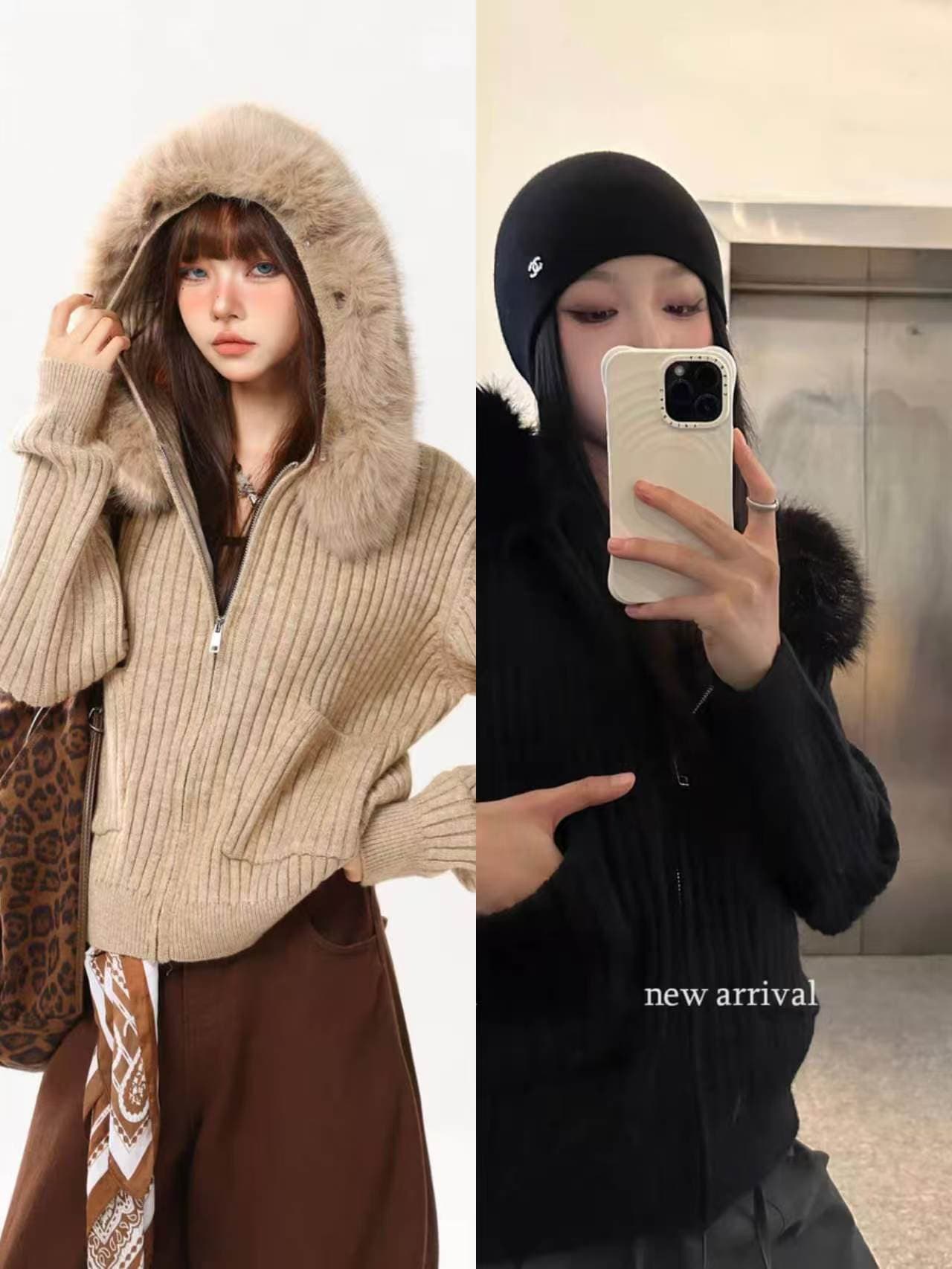 지퍼 후드 니트 오픈 가디건 스웨터 여자 가을 겨울 모피 칼라 캐주얼 루즈핏 짧은 외투 느긋한 맨위