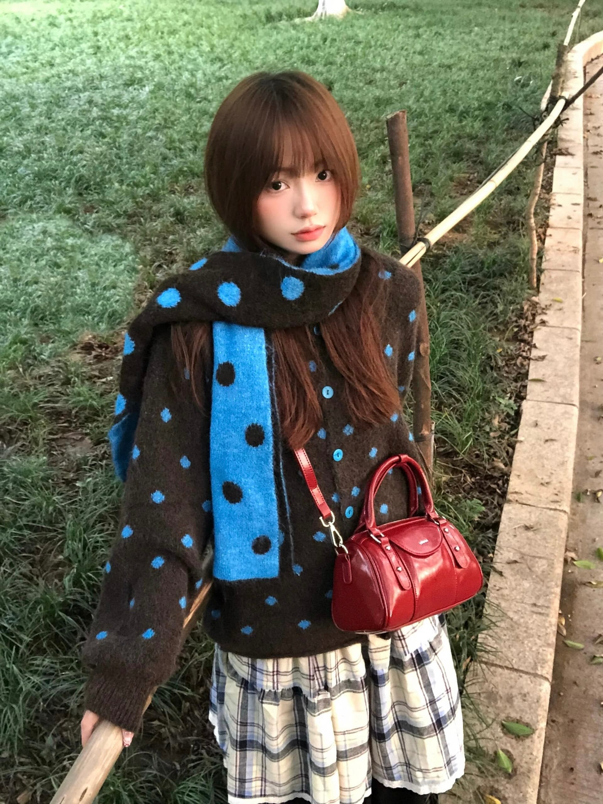 레트로 배색 도트 무늬 긴팔 니트 오픈 가디건 여성 의류 가을 연령 감소 부드러운 찹쌀 루즈핏 스웨터 코트 상세 이미지 1